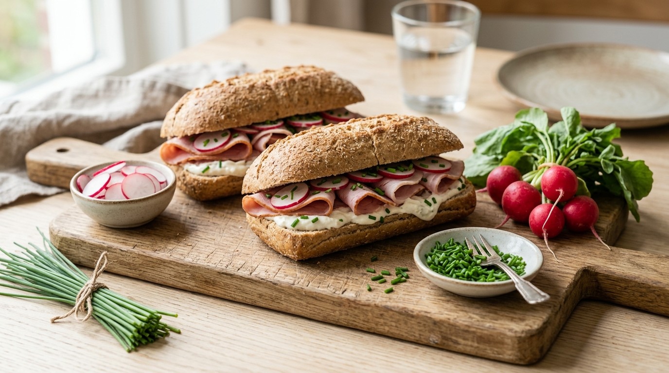 Volkorenpistoletjes met ham en Mierikswortel