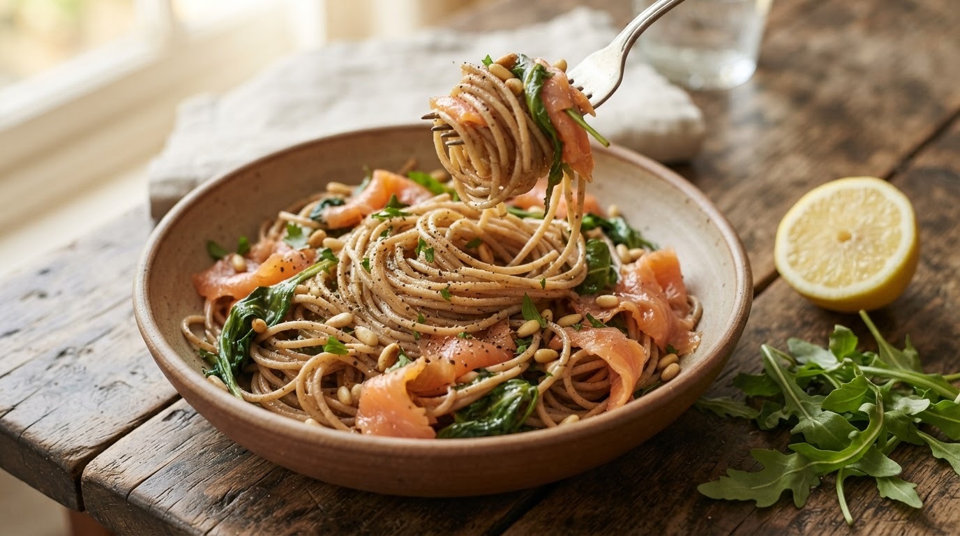 Volkorenspaghetti met Gerookte Zalm en Rucola