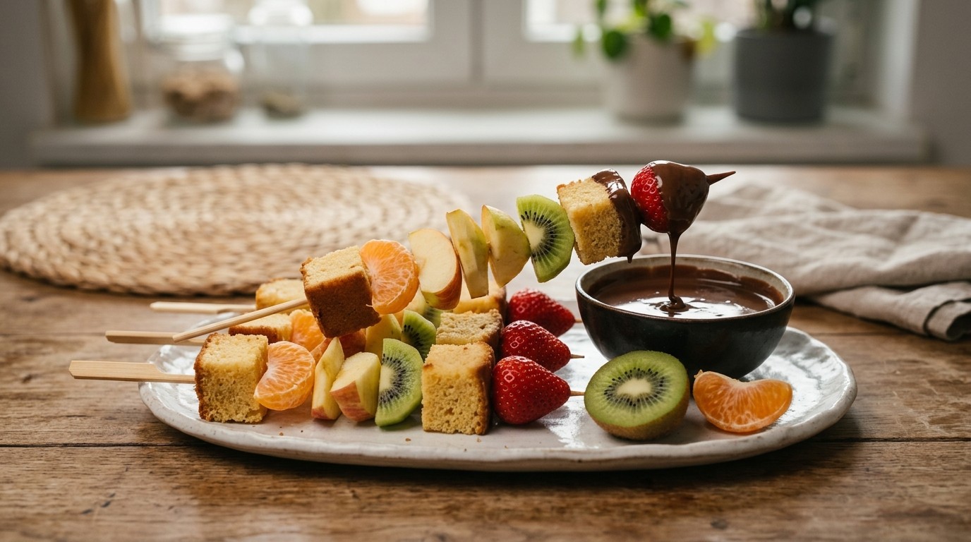 Vruchtenspiesje met Cake en Chocoladesaus