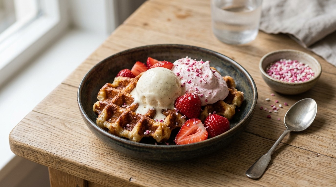 Wafels met ijs en Aardbeien-anijsroom