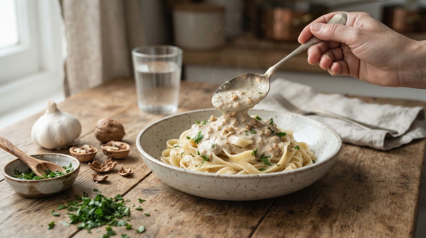 Walnotensaus Voor Over de Pasta