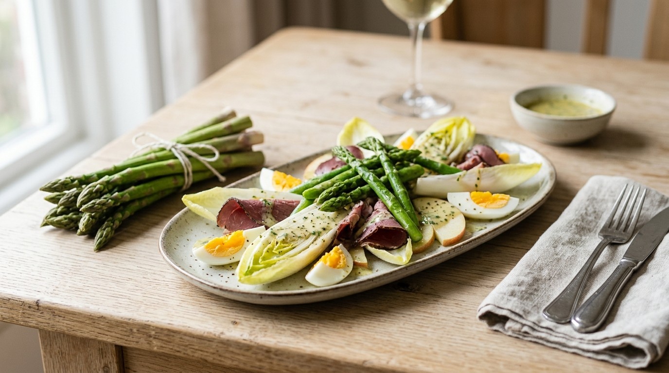 Witlofsalade met Asperges en Lamsham recept Witlofsalade met Asperges en Lamsham recept