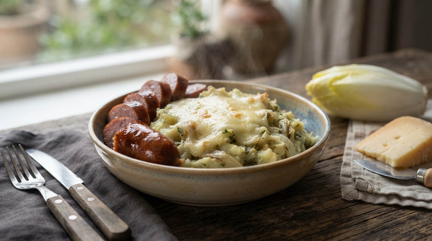 Witlofstamppot met Geraspte Kaas en Rookworst