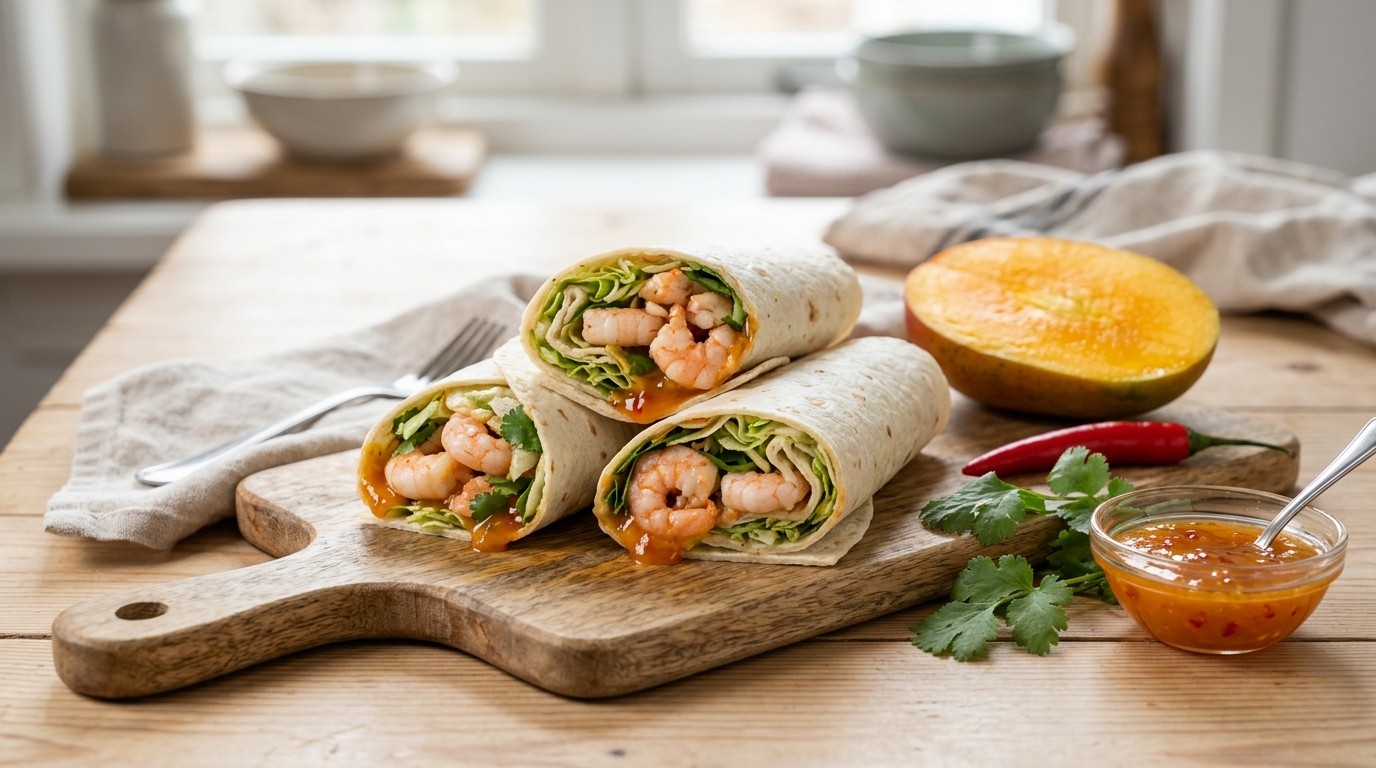 Wraps met Grote Garnalen-mangochilisaus recept Wraps met Grote Garnalen-mangochilisaus recept