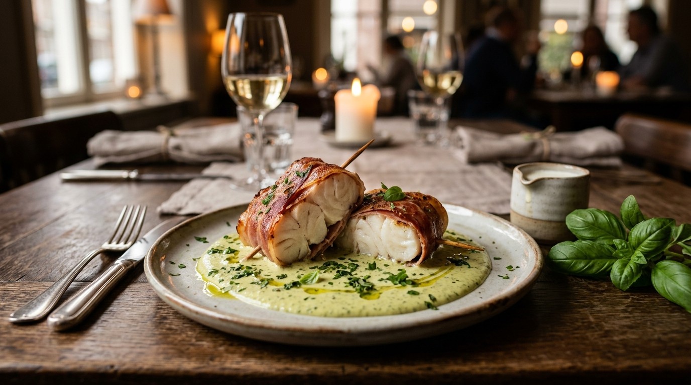 Zachte Kabeljauw in Parmaham met Pestoroomsaus