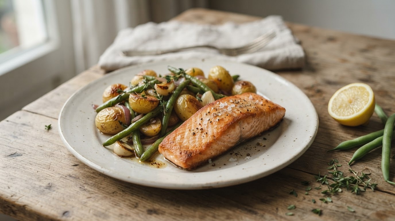 Zalm Deluxe met Gebakken Snijbonen en Krieltjes recept Zalm Deluxe met Gebakken Snijbonen en Krieltjes recept