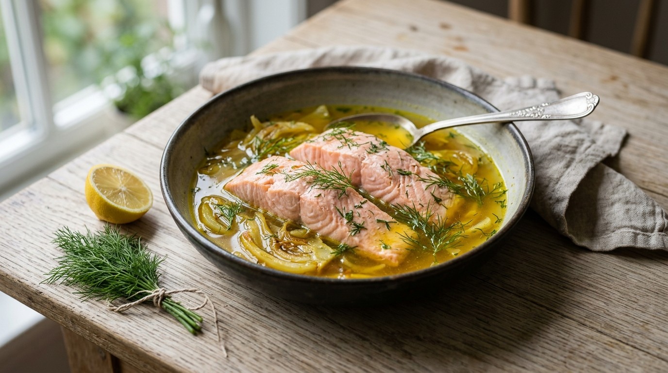 Zalm in Saffraanvenkelbouillon