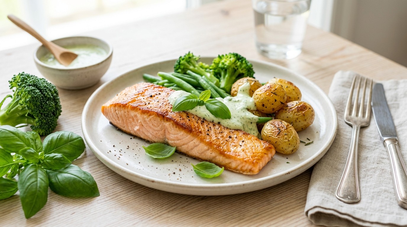 Zalm met Groenten, Basilicumsaus en Krieltjes recept Zalm met Groenten, Basilicumsaus en Krieltjes recept