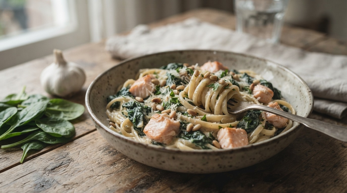 Zalm met Pasta en Knoflookspinazie