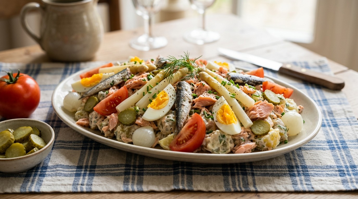 Zalm Salade met Aardappel, ui en Augurk