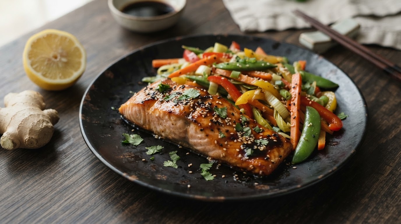 Zalm uit de Oven met Sesam/sojasaus en Gewokte Groentes