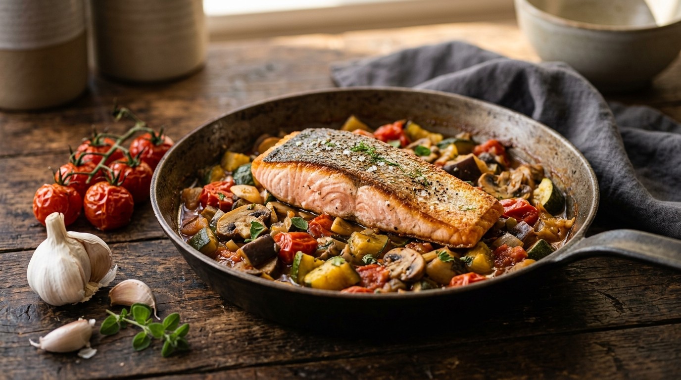 Zalmfilet met Gesmoorde Groenten
