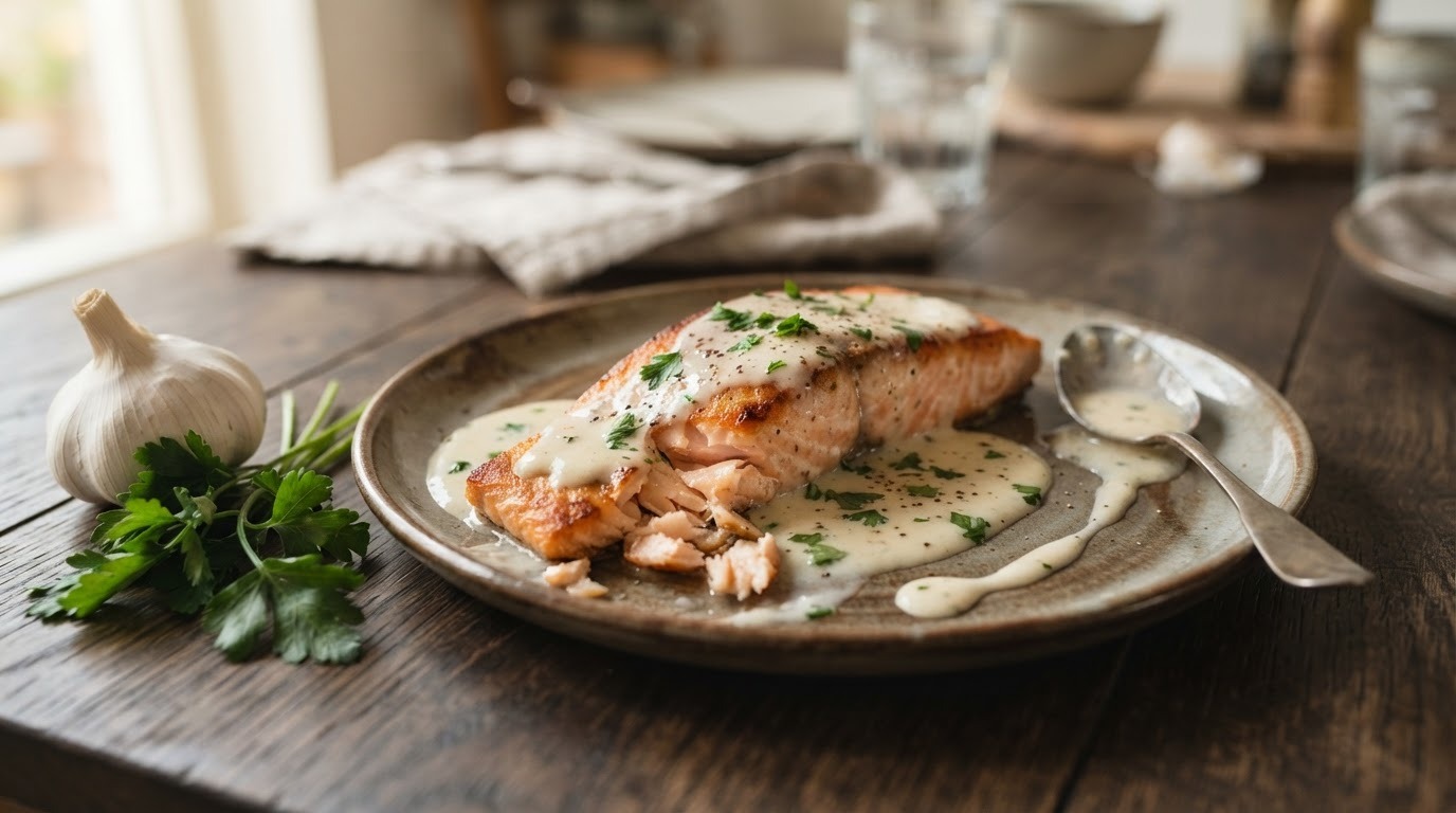 Zalmfilet met Knoflook-roomsaus