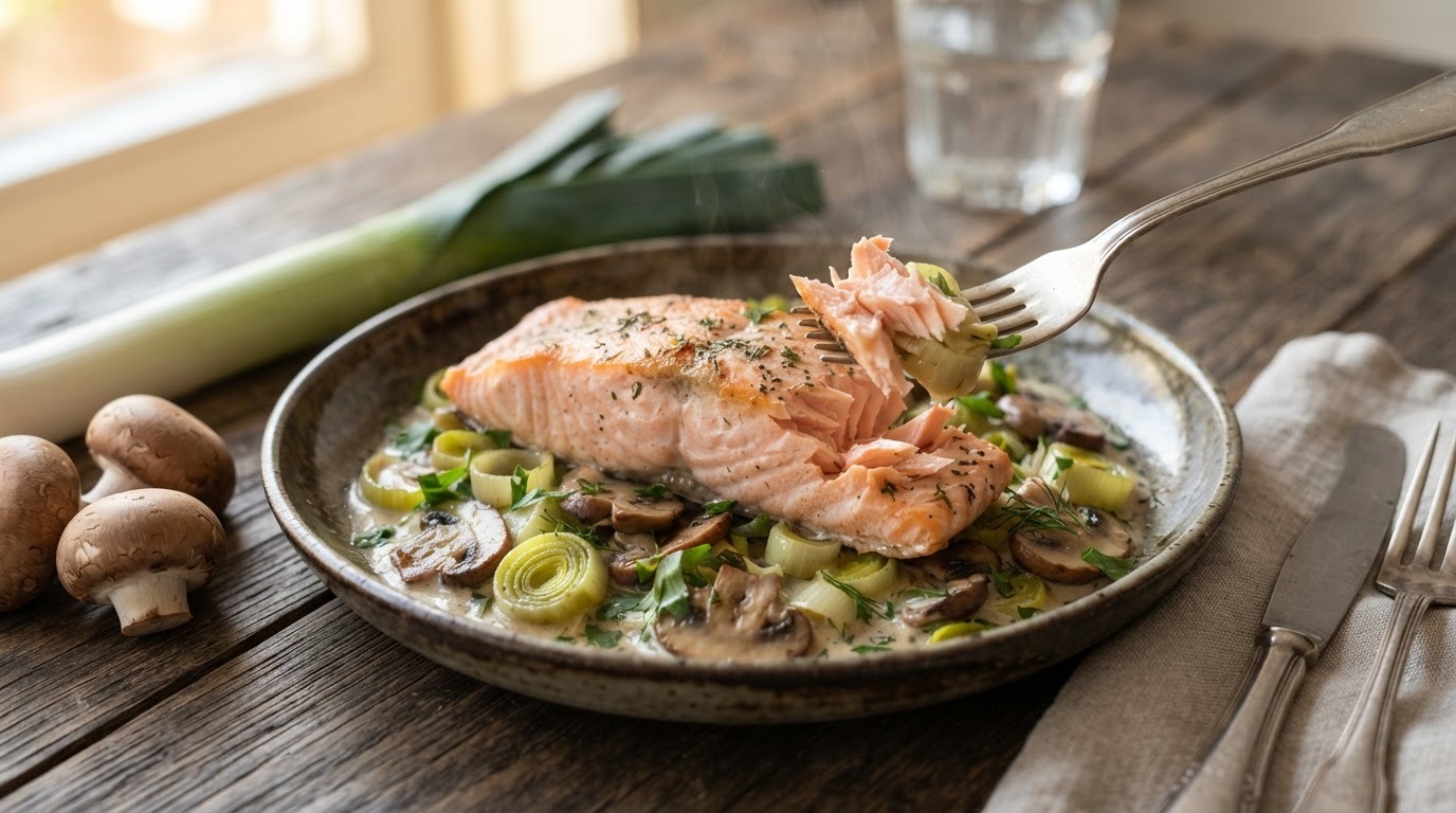 Zalmfilet met Prei en Champignons