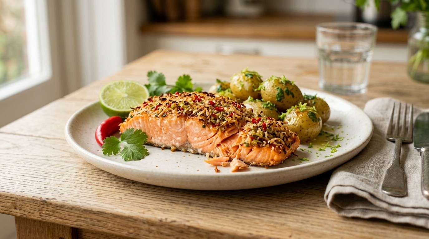 Zalmfilet met Rode Peper Korst en Limoenaardappelen recept Zalmfilet met Rode Peper Korst en Limoenaardappelen recept
