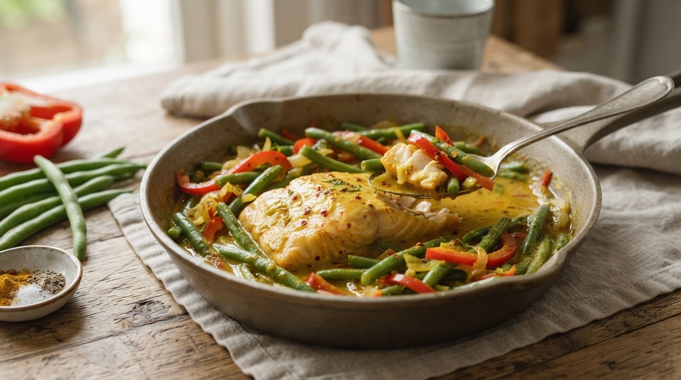 Zalmfilet met Sperzieboontjes in Kerriesaus recept Zalmfilet met Sperzieboontjes in Kerriesaus recept