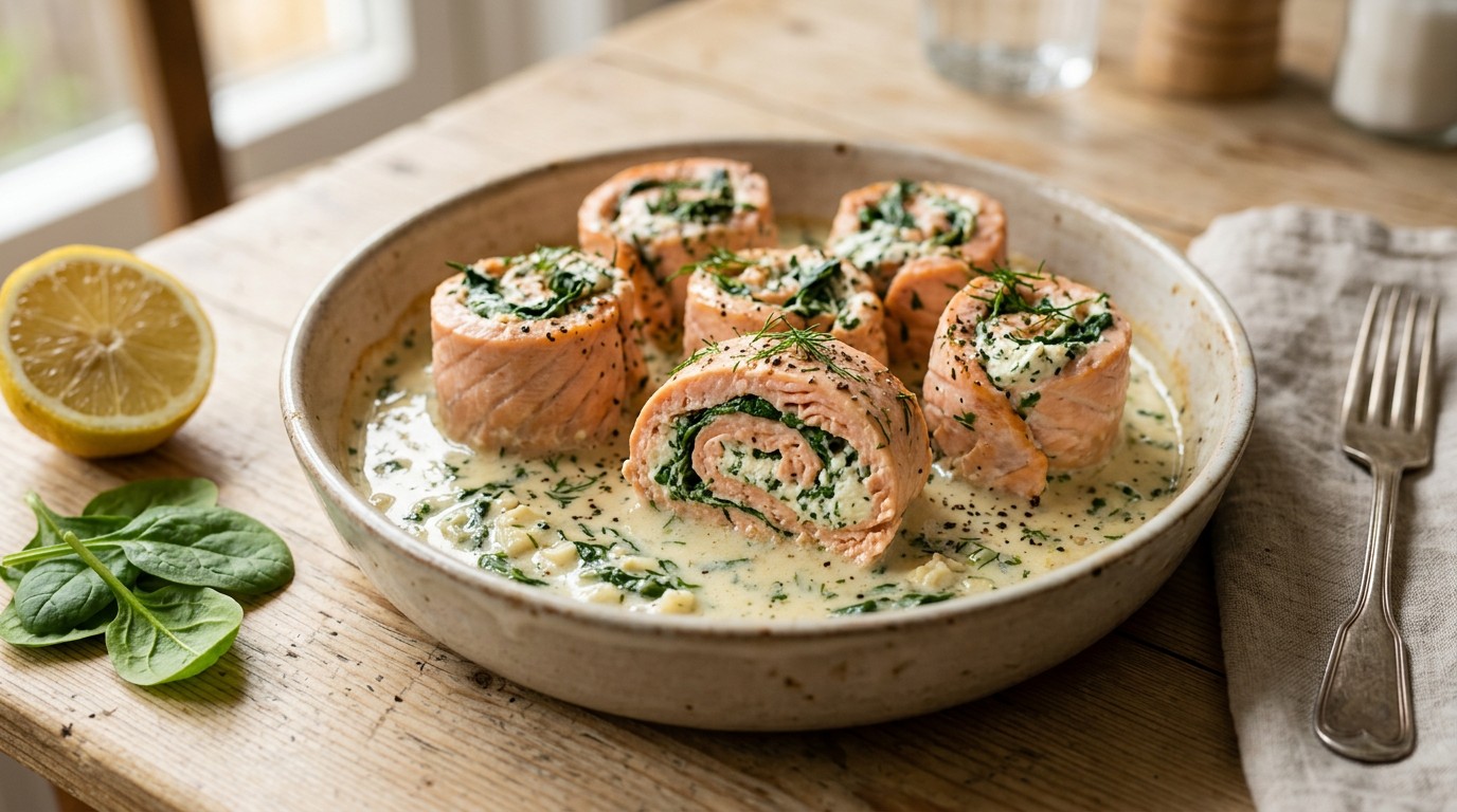 Zalmrolletjes in Romige Knoflooksaus recept Zalmrolletjes in Romige Knoflooksaus recept