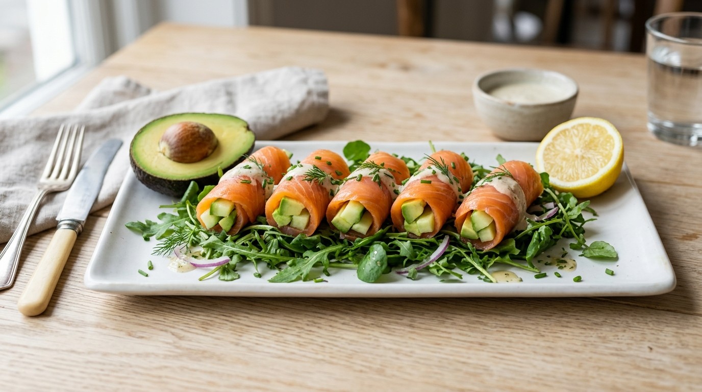 Zalmrolletjes met Kruidensla en Mieriksworteldressing