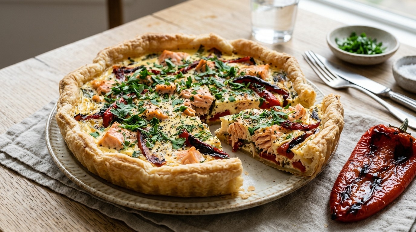 Zalmtaart met Geroosterde Paprika en Verse Peterselie