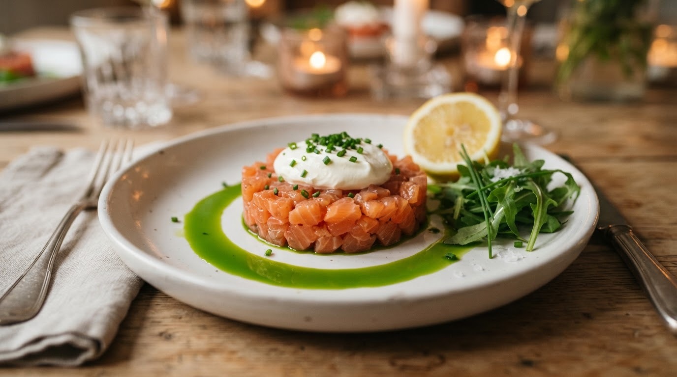 Zalmtartaar met Rucolaolie