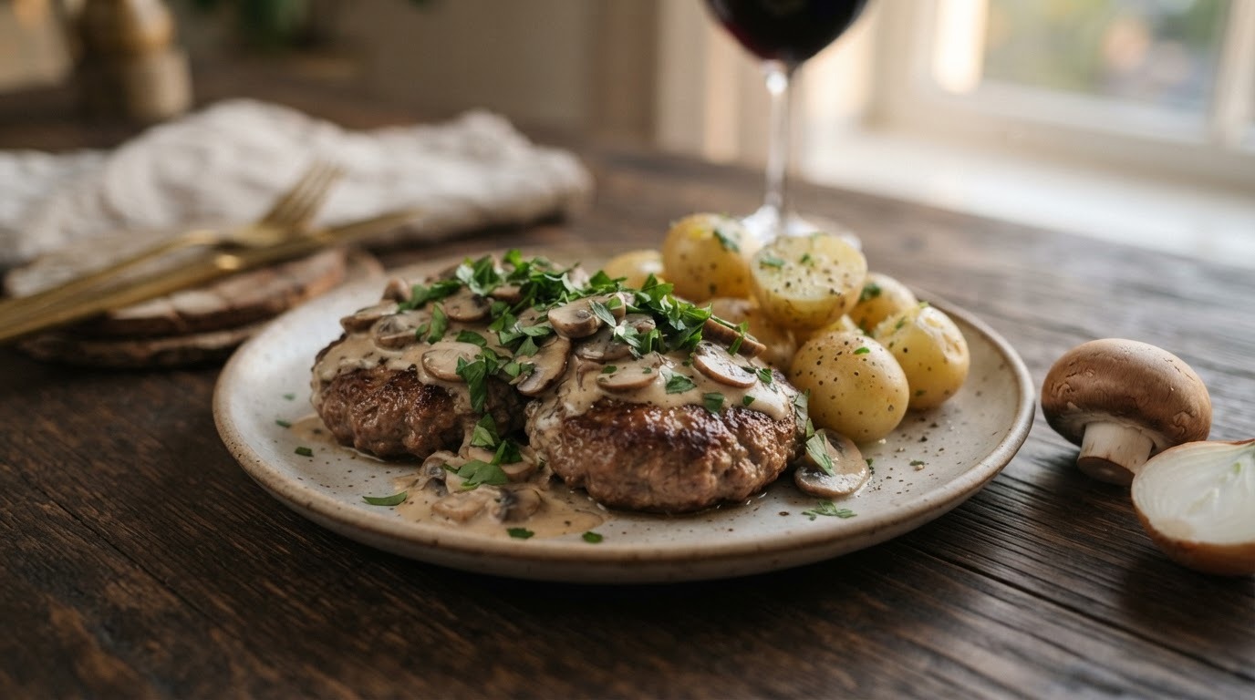 Zelfgemaakte Hamburgers met Champignonsroomsaus