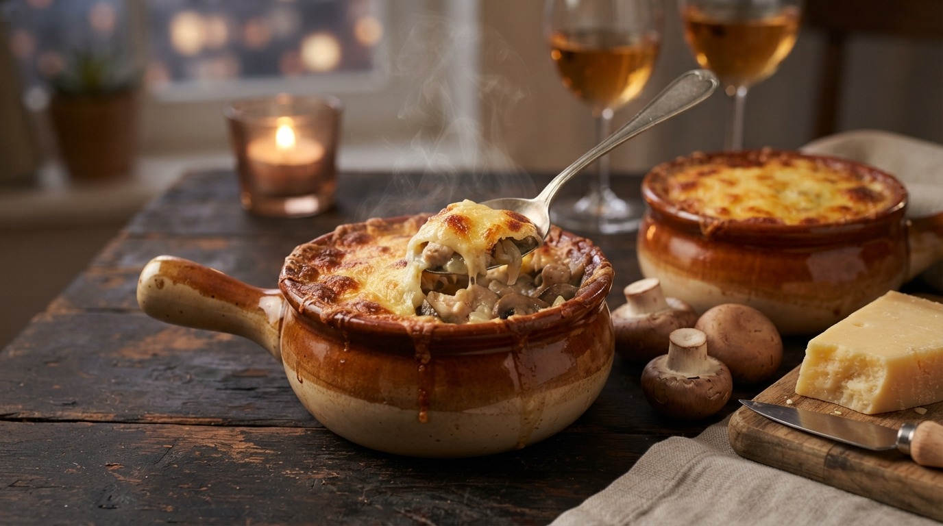 Zhulyen Kurinyi v Kokotnitsakh (ovenpotjes van Kip,champignons en Kaas)
