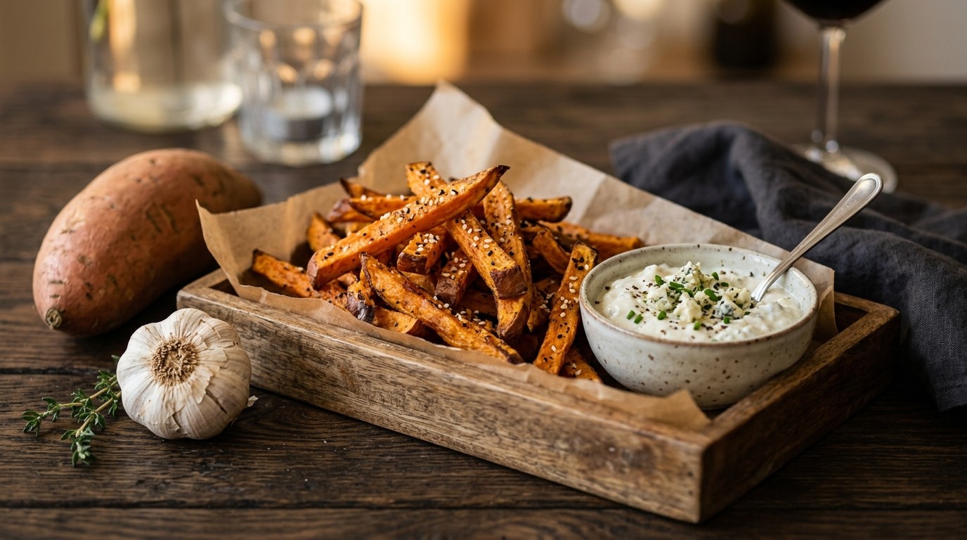 Zoete Aardappelfrieten met Blue-cheesedip