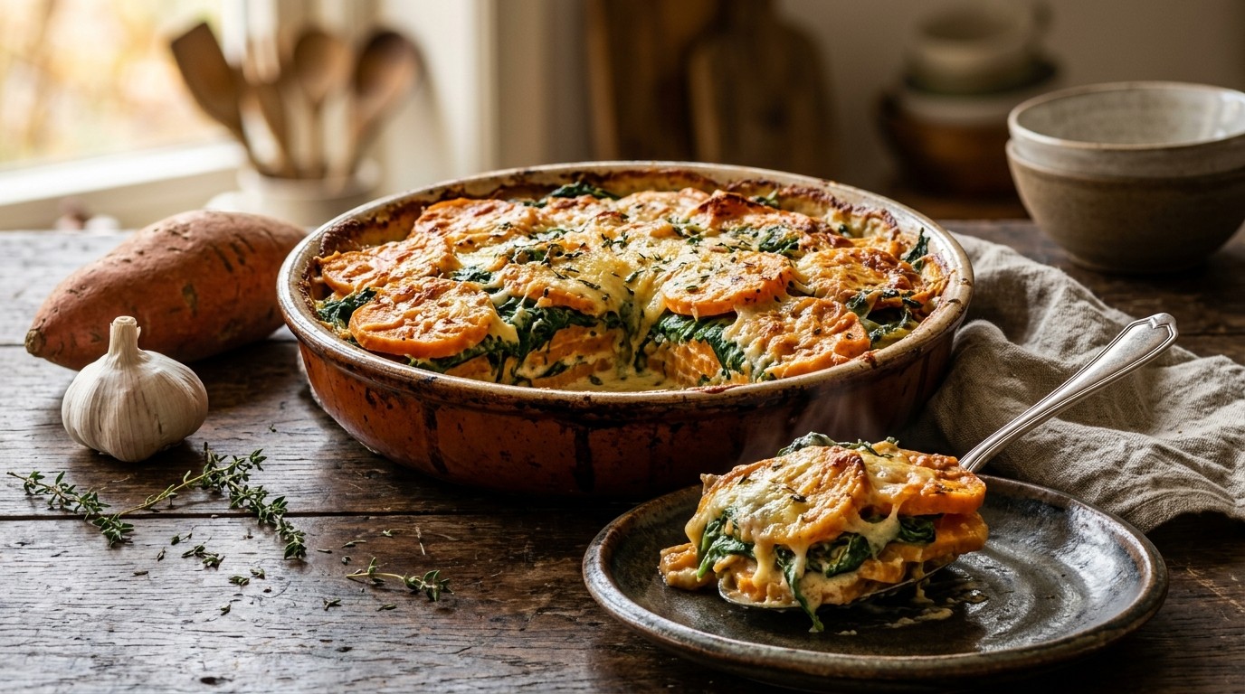 Zoete Aardappelschotel met Spinazie