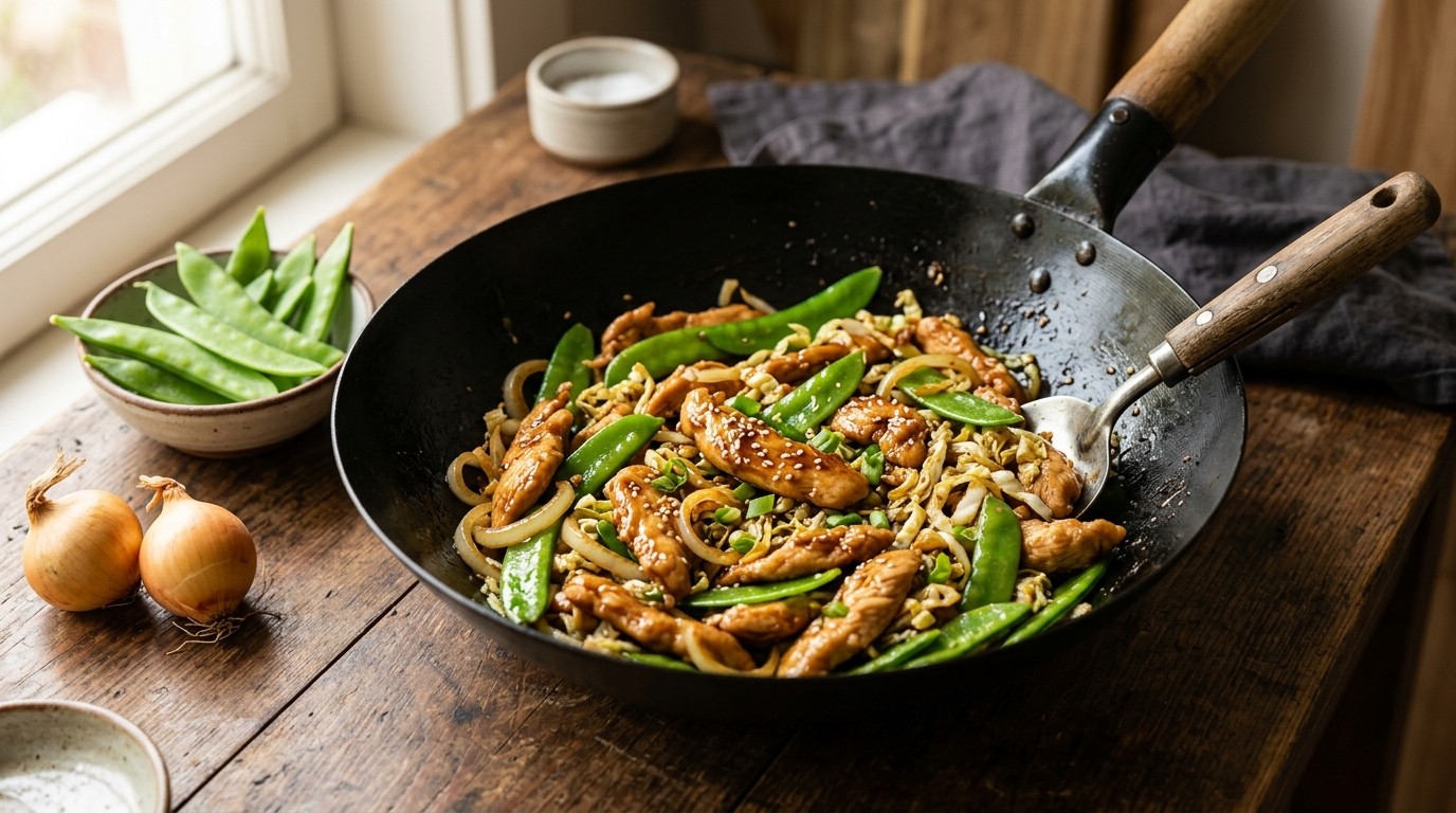 Zoete kip en Peultjes uit de wok