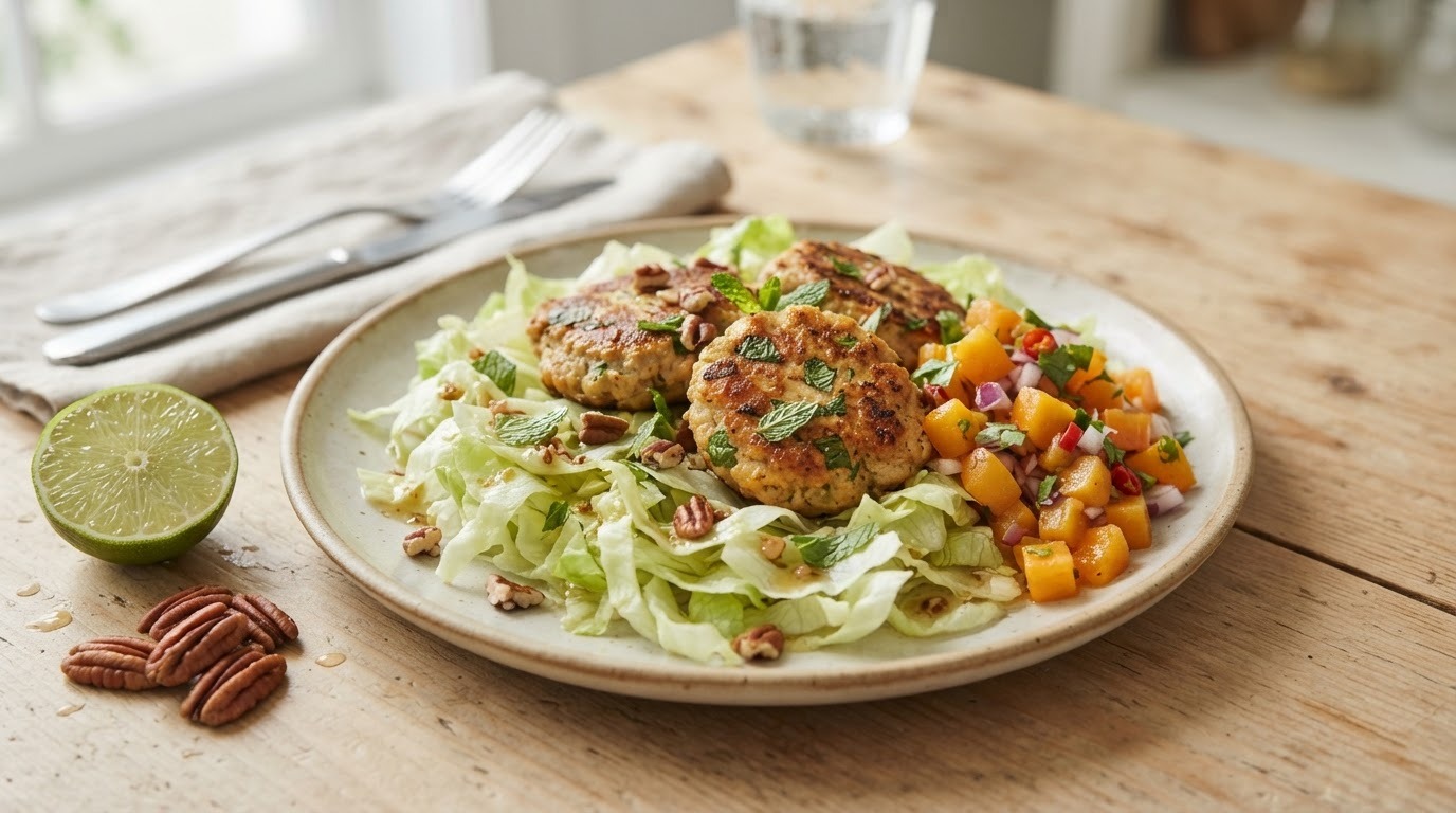 Zoete Kip-muntkoekjes op Knapperige Salade en Abrikozensalsa recept Zoete Kip-muntkoekjes op Knapperige Salade en Abrikozensalsa recept