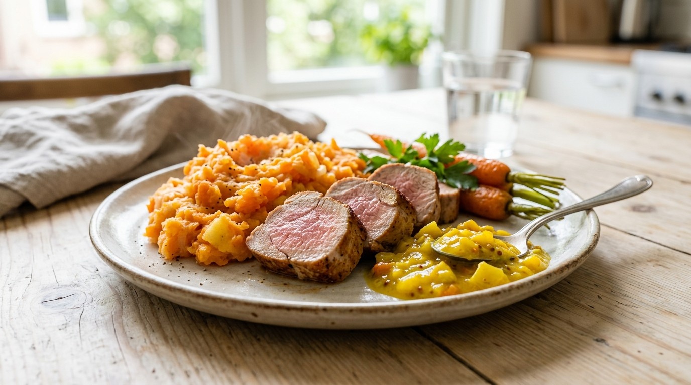 Zomerse Hutspot met Piccalillysaus en Varkenshaas