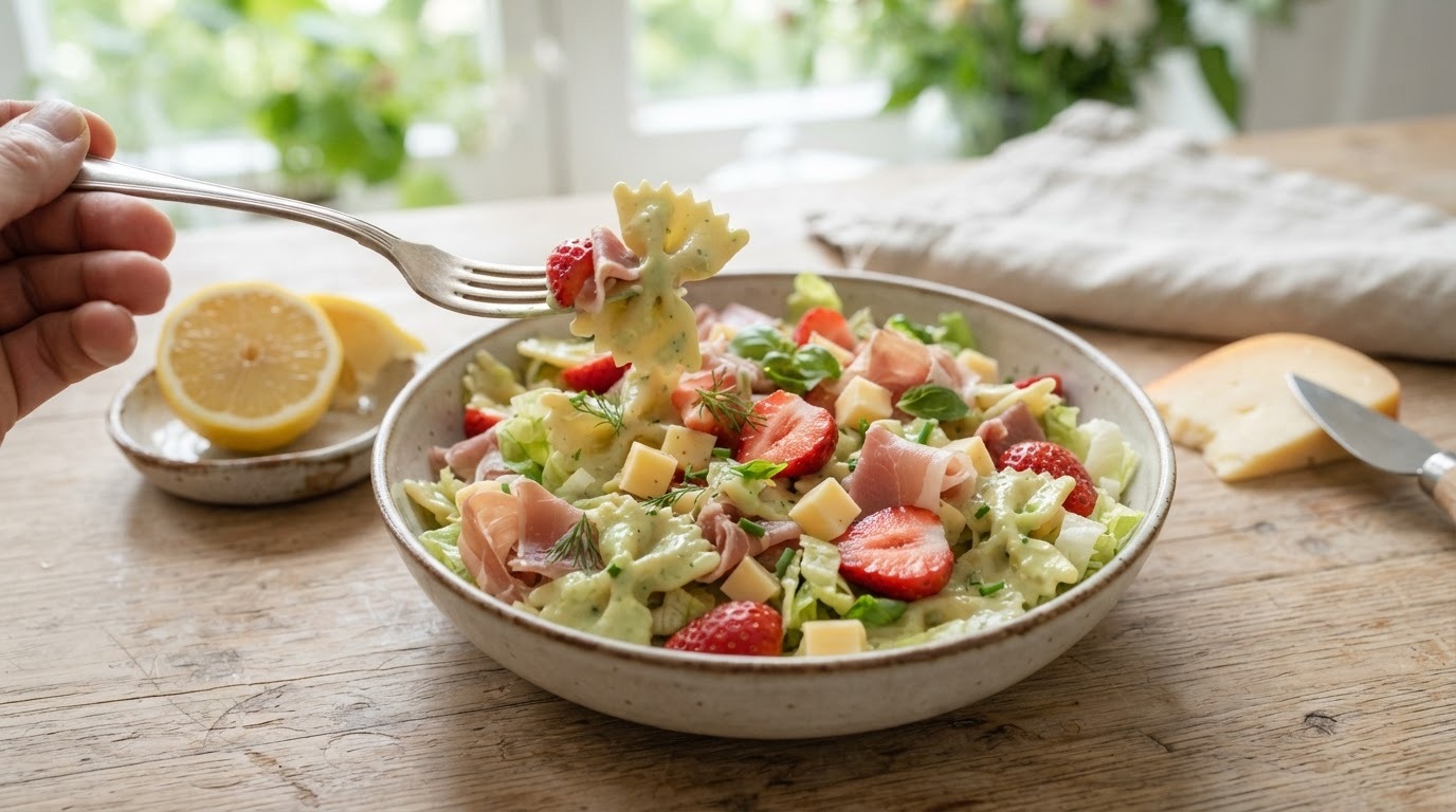 Zomerse Pastasalade met Aardbeien en Avocadosaus