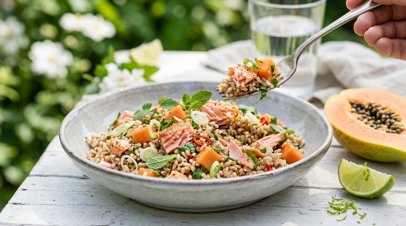 Zomerse Rijstsalade met Zalm en Papaya
