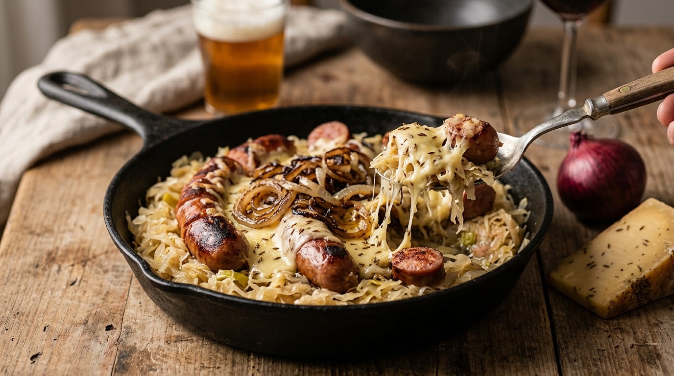 Zuurkool en Saucijzen met Uien en Kaas