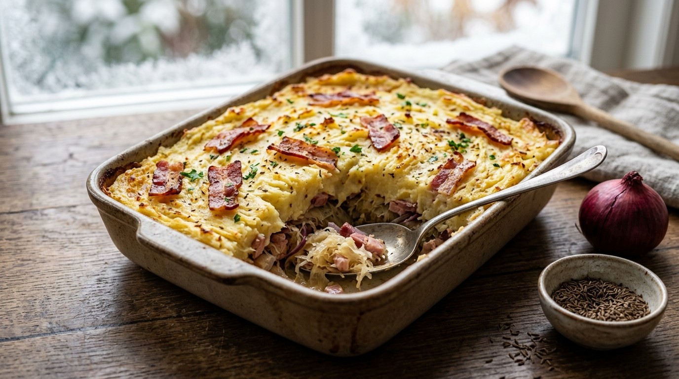 Zuurkool-ovenschotel met ham en Spek