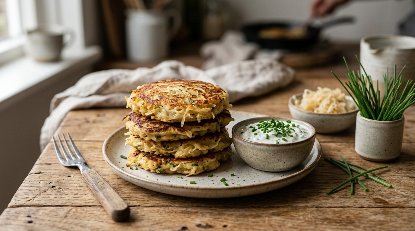 Zuurkoolpannenkoekjes met Bieslookdip recept Zuurkoolpannenkoekjes met Bieslookdip recept