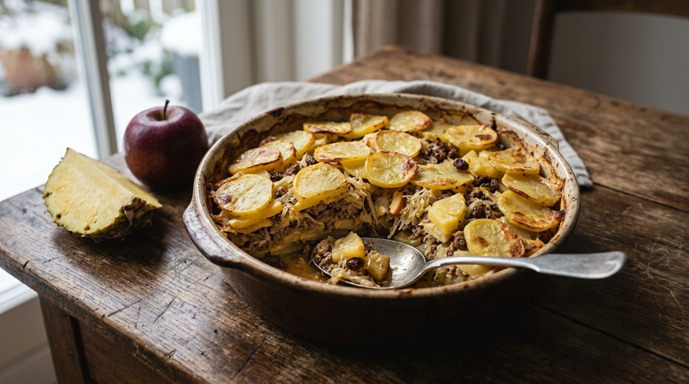 Zuurkoolschotel met Appel, Ananas en Gehakt