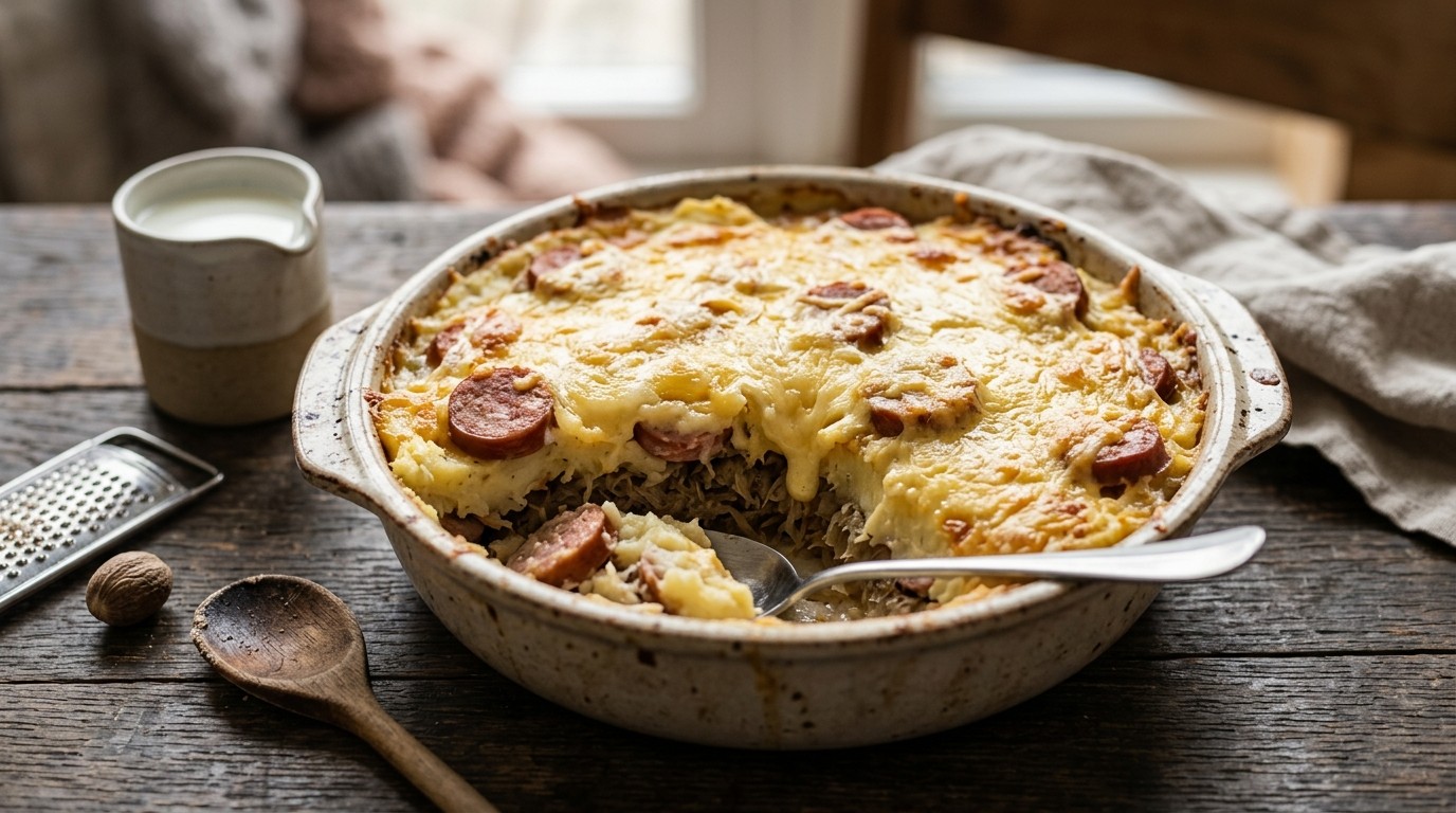 Zuurkoolschotel met een Kaas-bloemsausje