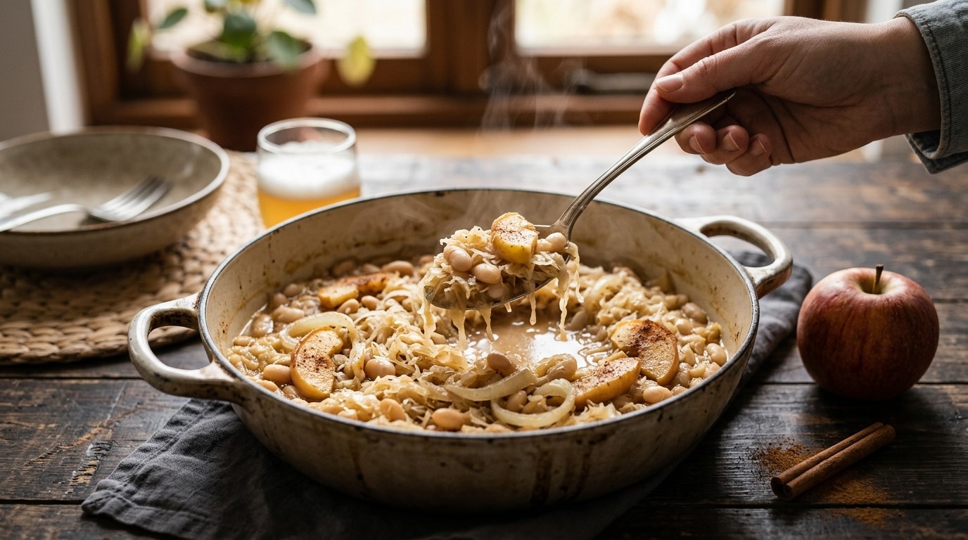 Zuurkoolschotel met Witte Bonen, Appel en Bier