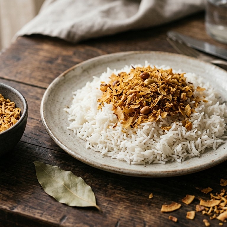 .Srundeng (drooggebakken geraspte kokos met kurkuma)