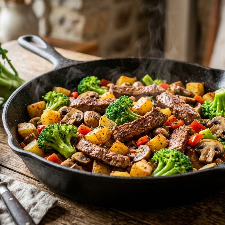 1 pans gerecht met kalfsfilet, broccoli, aardappel en champignons