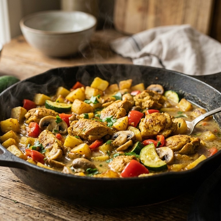 1 pans gerecht met kipfilet, paprika, aardappel en courgette