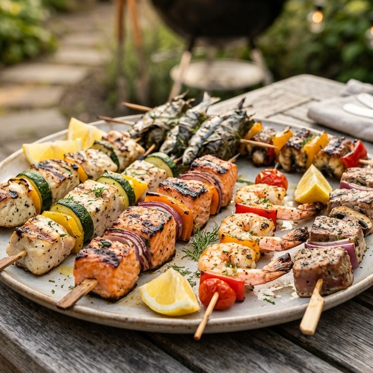4 verschillende BBQ visspiesjes