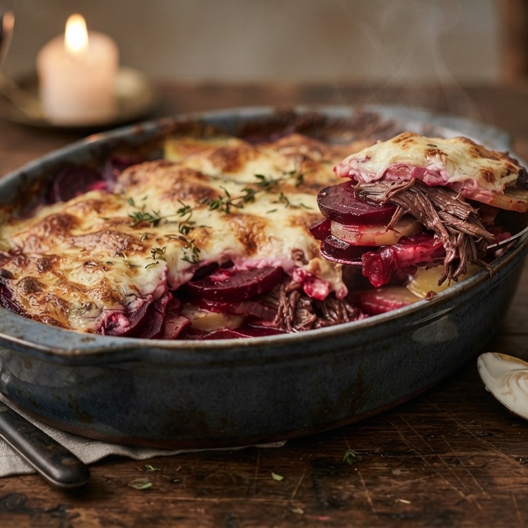 Aardappel-bietenschotel met kant en klaar stoofvlees