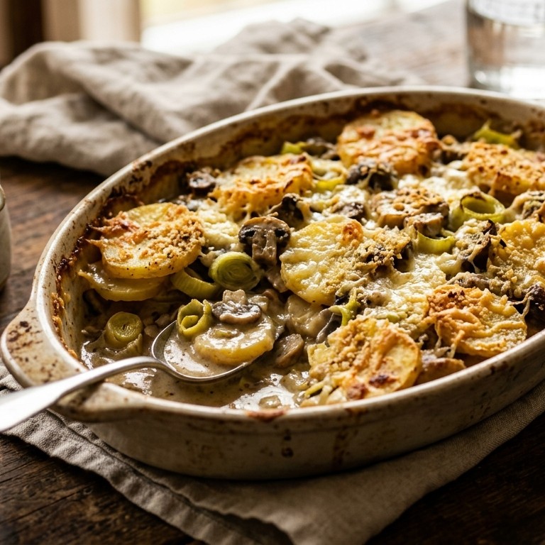 Aardappel-champignon schotel met prei