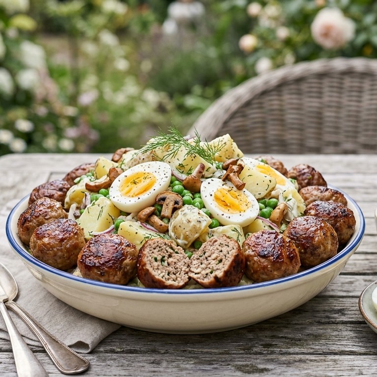 Aardappel- eiersalade met  gehaktballetjes