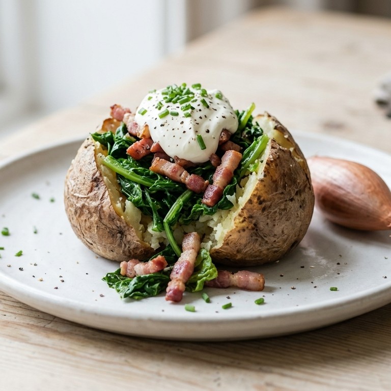 Aardappel gevuld met bacon, raapstelen en creme fraiche