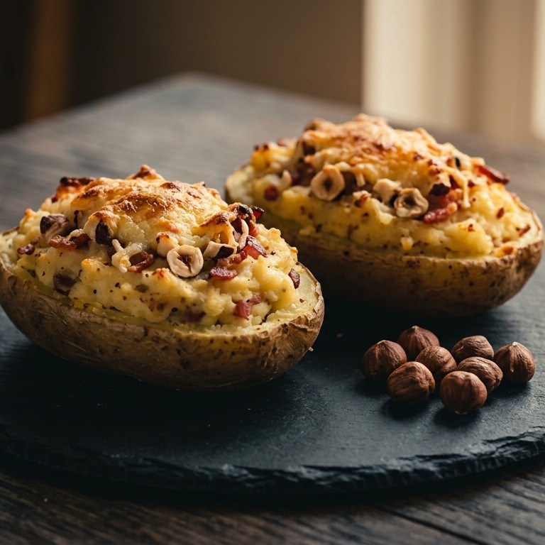 Aardappel gevuld met ontbijtspek, kaas en gehakte noten