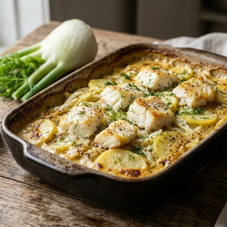 Aardappel-kabeljauwschotel met romige mosterdsaus