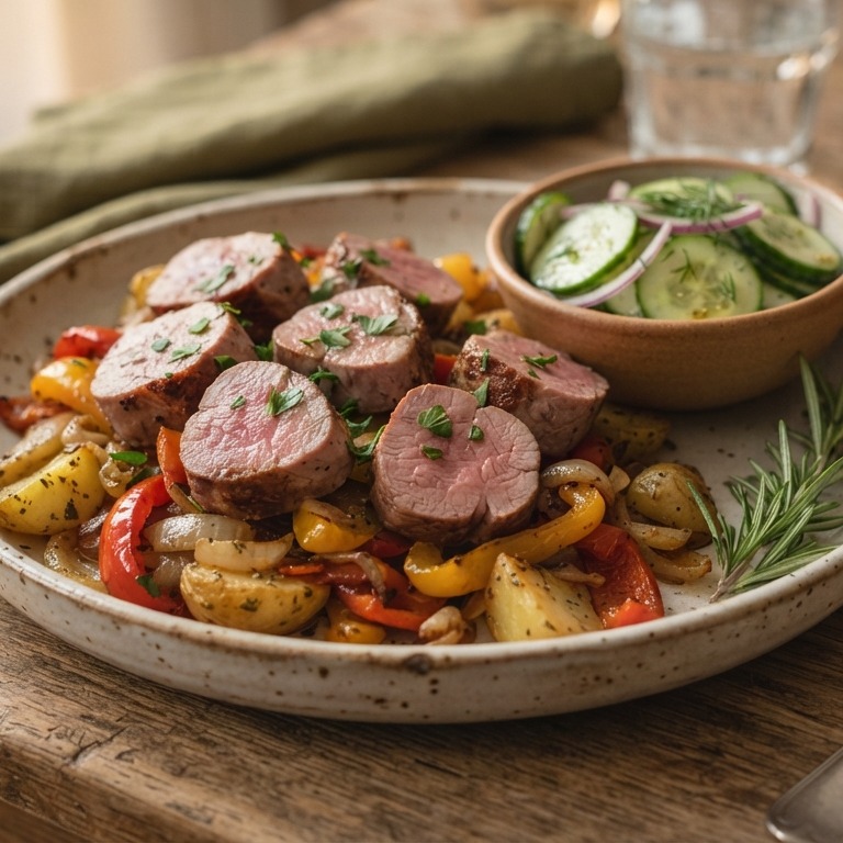 Aardappel-paprikaschotel met varkensfilet en komkommersalade
